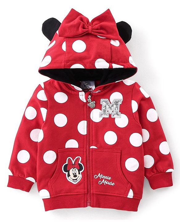 Babyhug 100% Cotton Knit Full Sleeves Hooded Sweatjacket with Zipper & Minnie Mouse Graphics Print & Bow Applique On Hoodie - Red