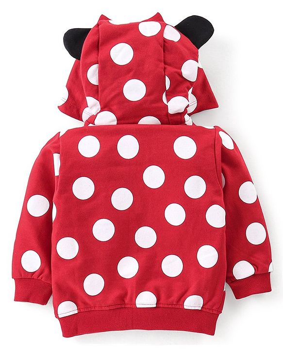 Babyhug 100% Cotton Knit Full Sleeves Hooded Sweatjacket with Zipper & Minnie Mouse Graphics Print & Bow Applique On Hoodie - Red