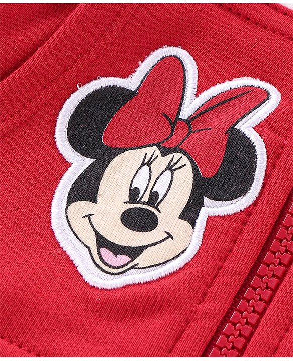 Babyhug 100% Cotton Knit Full Sleeves Hooded Sweatjacket with Zipper & Minnie Mouse Graphics Print & Bow Applique On Hoodie - Red
