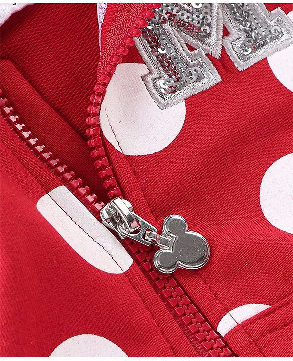 Babyhug 100% Cotton Knit Full Sleeves Hooded Sweatjacket with Zipper & Minnie Mouse Graphics Print & Bow Applique On Hoodie - Red