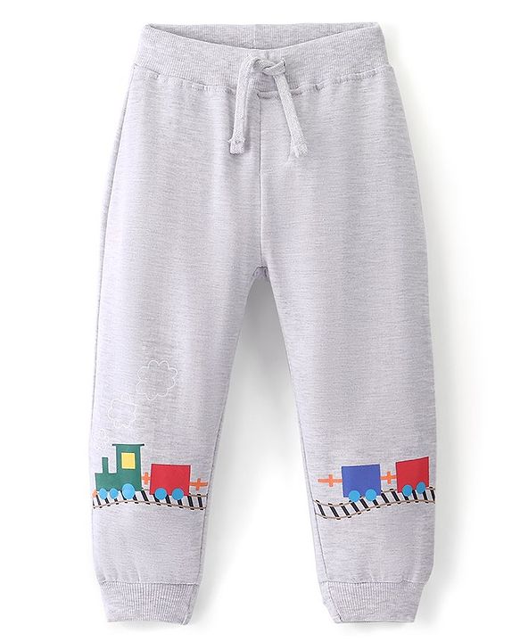 Babyhug Cotton Looper Knit Full Length Lounge Pant Train Print - Grey