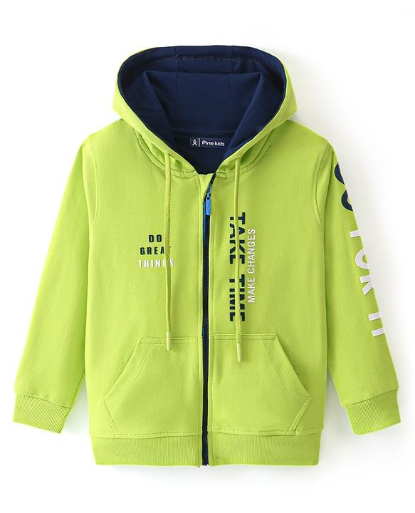 Pine Kids Full Sleeves Front Open Hooded Biowashed Sweat Jacket - Lime Punch