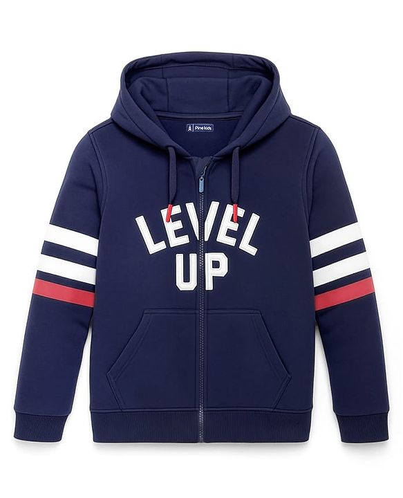 Pine Kids 100% Cotton Knit Full Sleeves Front Open Hooded Biowashed Sweatshirt Text Print - Estate Blue