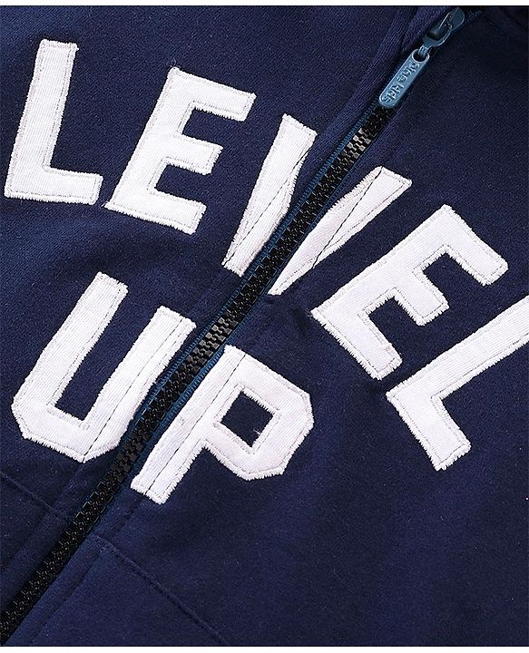 Pine Kids 100% Cotton Knit Full Sleeves Front Open Hooded Biowashed Sweatshirt Text Print - Estate Blue