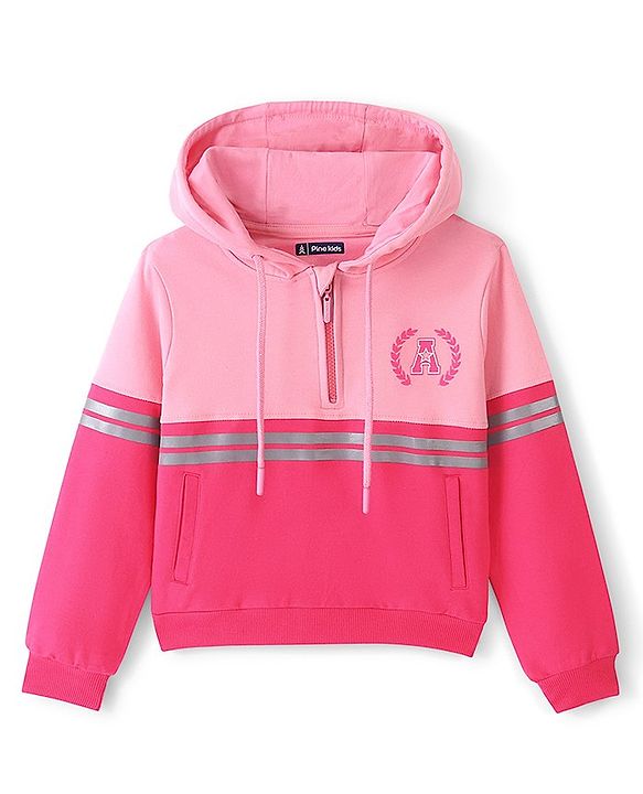 Pine Kids Full Sleeves Hooded Front Open Biowashed Sweatshirt Colour Block Design- Pink