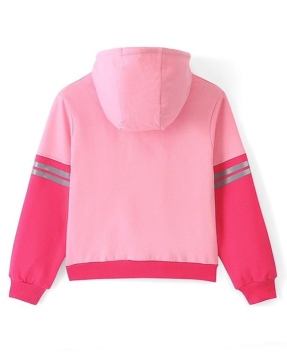 Pine Kids Full Sleeves Hooded Front Open Biowashed Sweatshirt Colour Block Design- Pink