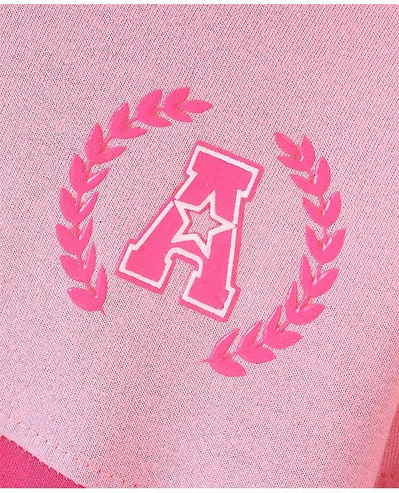 Pine Kids Full Sleeves Hooded Front Open Biowashed Sweatshirt Colour Block Design- Pink
