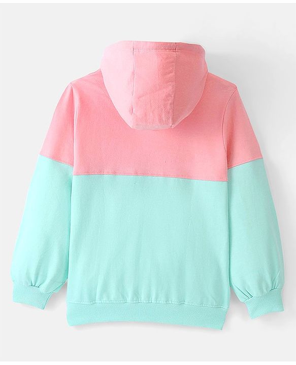 Pine Kids Full Sleeve Front Open Hooded Biowashed Sweatshirt With Floral Embroidery - Pink & Blue