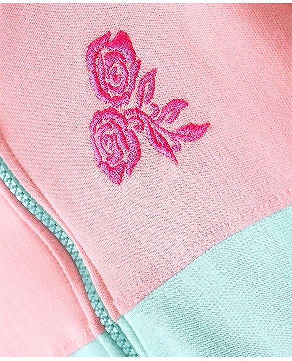 Pine Kids Full Sleeve Front Open Hooded Biowashed Sweatshirt With Floral Embroidery - Pink & Blue