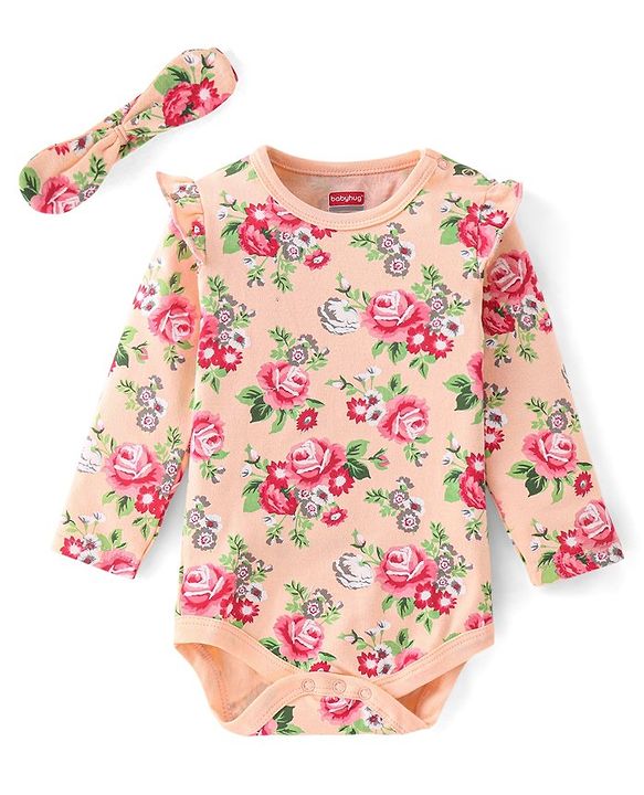 Babyhug 100% Cotton Full Sleeves Onesie with Headband Floral Printed - Peach