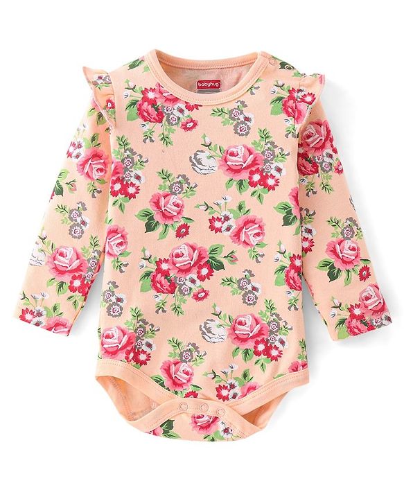 Babyhug 100% Cotton Full Sleeves Onesie with Headband Floral Printed - Peach