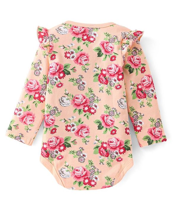 Babyhug 100% Cotton Full Sleeves Onesie with Headband Floral Printed - Peach