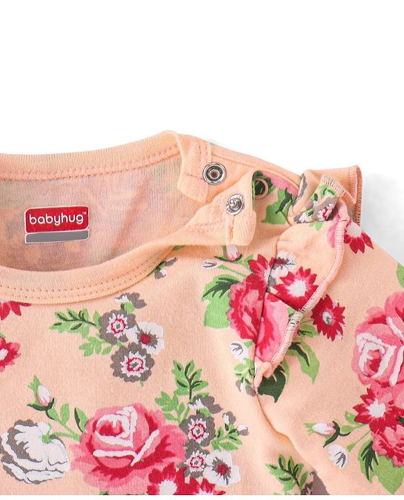 Babyhug 100% Cotton Full Sleeves Onesie with Headband Floral Printed - Peach