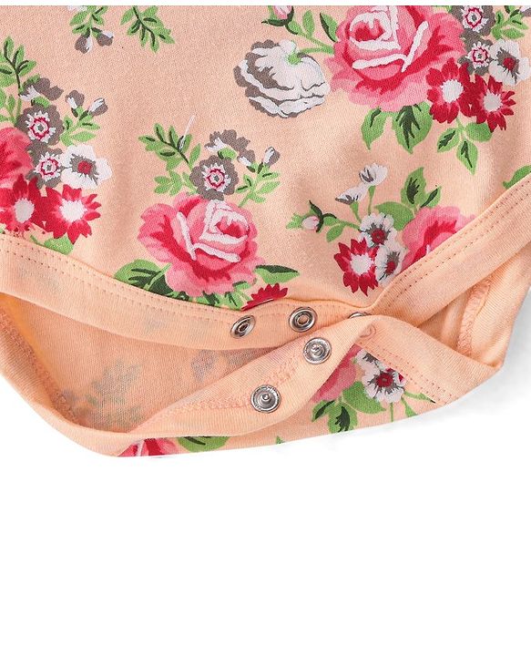Babyhug 100% Cotton Full Sleeves Onesie with Headband Floral Printed - Peach