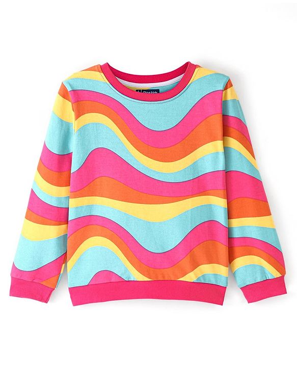 Pinekids Cotton Knit Biowash Full Sleeves Sweatshirt With Marble Print - Orange Pink & Blue