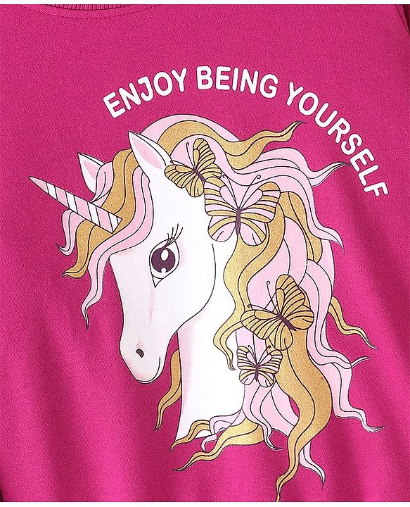 Pine Kids Cotton Full Sleeves Round Neck Biowashed Sweatshirt Unicorn Printed - Fuchsia Fedora