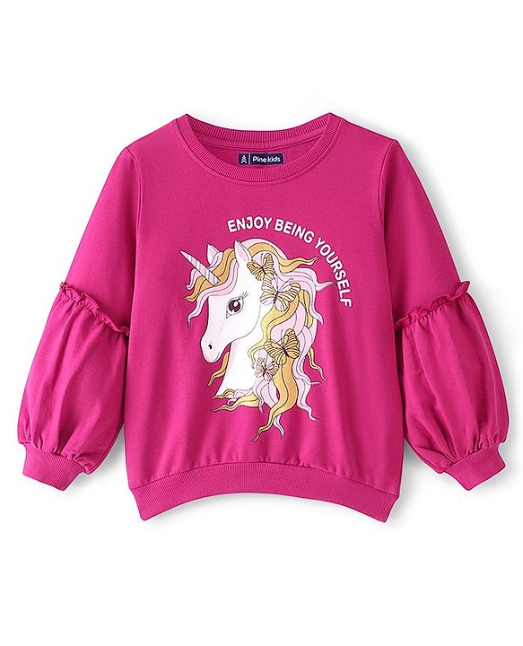 Pine Kids Cotton Full Sleeves Round Neck Biowashed Sweatshirt Unicorn Printed - Fuchsia Fedora