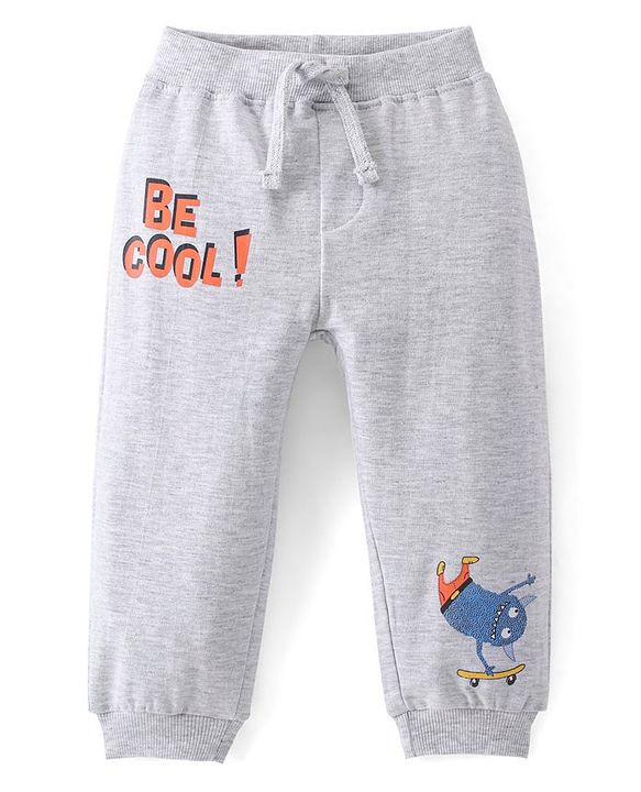 Babyhug Cotton Looper Full Length Lounge Pant Monster on Skateboard Print - Grey