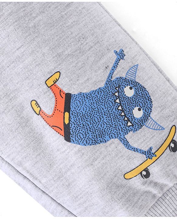 Babyhug Cotton Looper Full Length Lounge Pant Monster on Skateboard Print - Grey