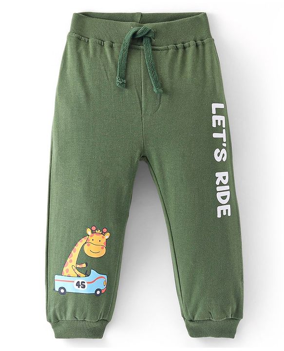 Babyhug Cotton Looper Knit Full Length Text & Giraffe Printed Lounge Pant - Olive Green