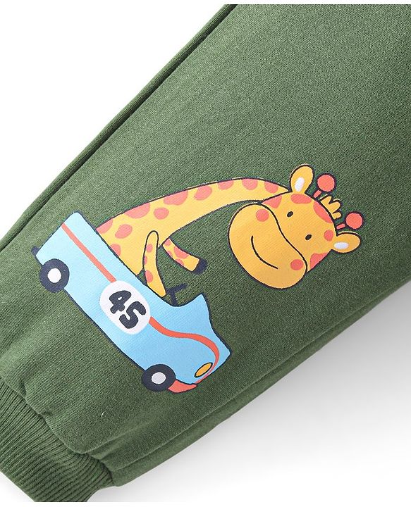 Babyhug Cotton Looper Knit Full Length Text & Giraffe Printed Lounge Pant - Olive Green