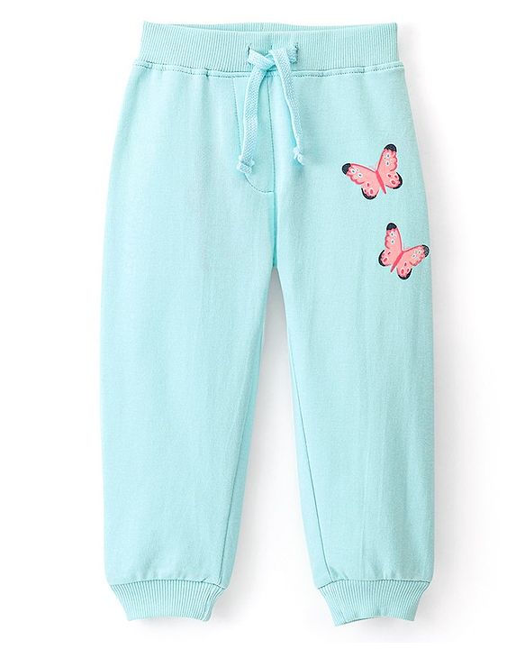 Babyhug Cotton Looper Knit Full Length Butterfly Printed Lounge Pant - Mint Blue