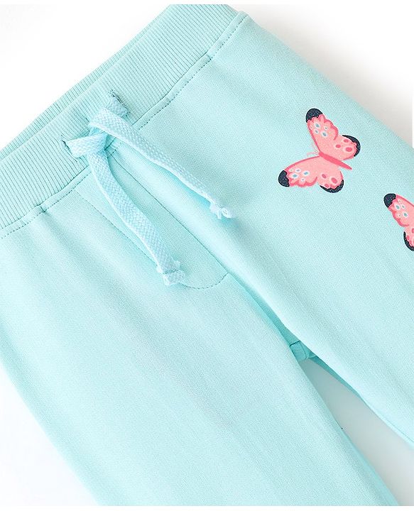 Babyhug Cotton Looper Knit Full Length Butterfly Printed Lounge Pant - Mint Blue