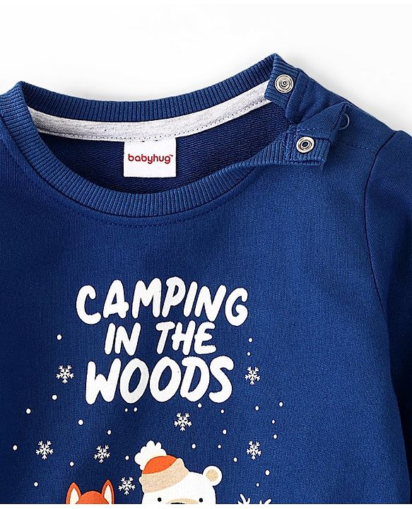 Babyhug Cotton Knit Full Sleeves Text & Animal Graphics Sweatshirt - Blue