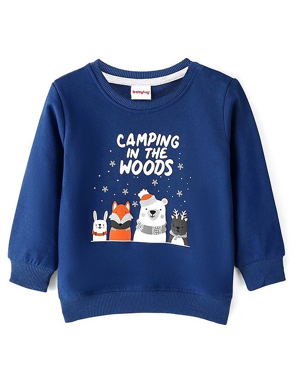 Babyhug Cotton Knit Full Sleeves Text & Animal Graphics Sweatshirt - Blue