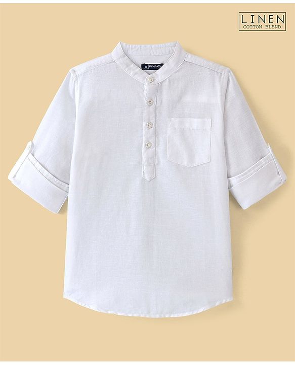 Pine Kids Roll up Full Sleeves Cotton Linen Single Pocket Mandarin Collar Shirt - White