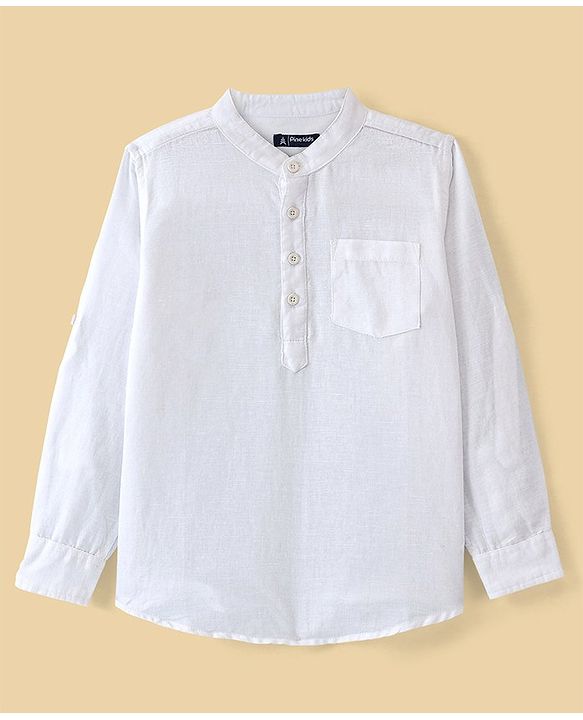 Pine Kids Roll up Full Sleeves Cotton Linen Single Pocket Mandarin Collar Shirt - White
