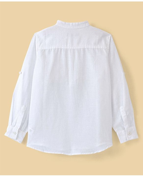 Pine Kids Roll up Full Sleeves Cotton Linen Single Pocket Mandarin Collar Shirt - White