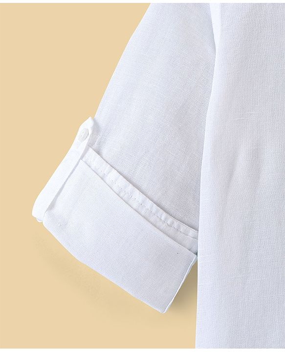 Pine Kids Roll up Full Sleeves Cotton Linen Single Pocket Mandarin Collar Shirt - White