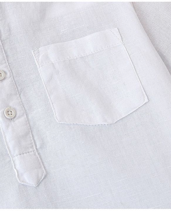 Pine Kids Roll up Full Sleeves Cotton Linen Single Pocket Mandarin Collar Shirt - White