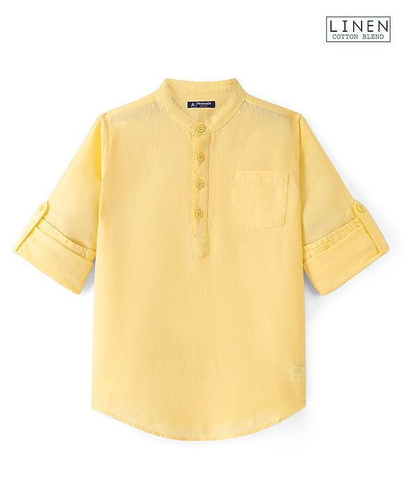 Pine Kids Roll Up Full Sleeves Cotton Linen Single Pocket Mandarin Collar Shirt - Yellow