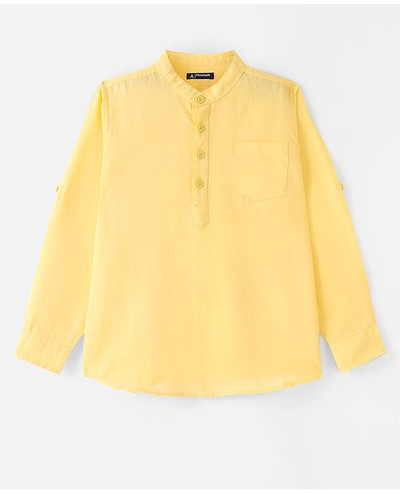 Pine Kids Roll Up Full Sleeves Cotton Linen Single Pocket Mandarin Collar Shirt - Yellow