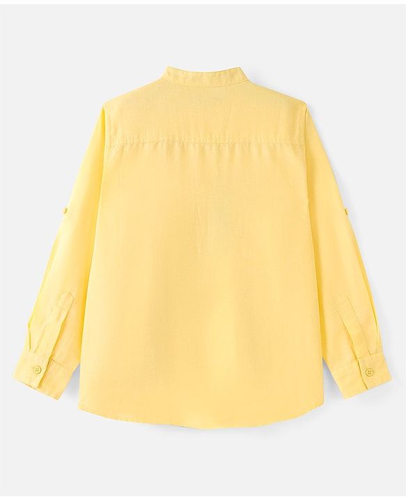 Pine Kids Roll Up Full Sleeves Cotton Linen Single Pocket Mandarin Collar Shirt - Yellow