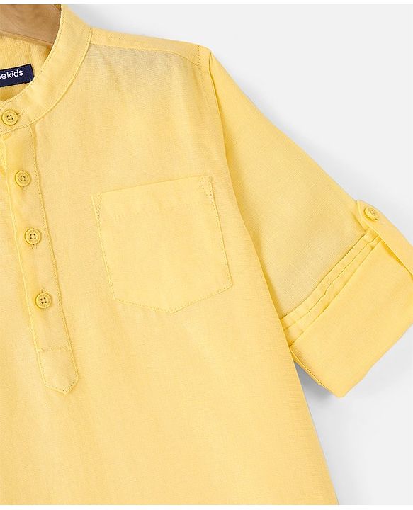 Pine Kids Roll Up Full Sleeves Cotton Linen Single Pocket Mandarin Collar Shirt - Yellow