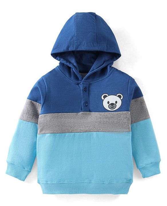 Babyhug Cotton Knit Full Sleeves Sweatshirt with Bear Graphics & Hood - Blue