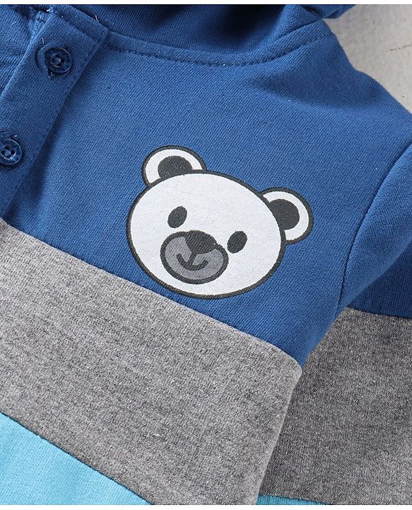 Babyhug Cotton Knit Full Sleeves Sweatshirt with Bear Graphics & Hood - Blue