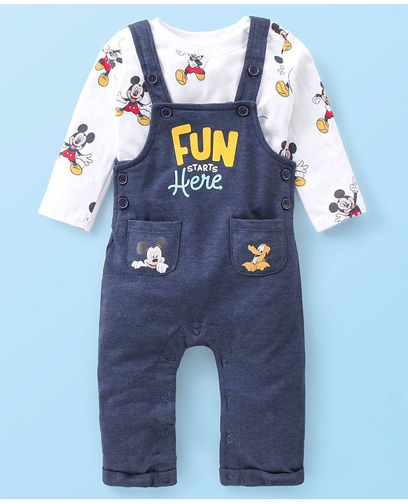 Babyhug 100% Cotton Knit Mickey Mouse Printed Dungaree with Full Sleeves Inner Tee - White & Blue
