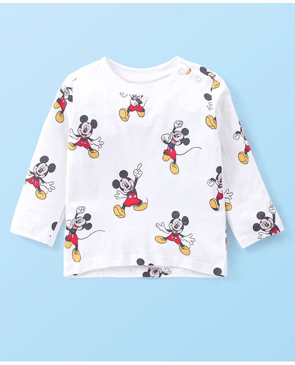 Babyhug 100% Cotton Knit Mickey Mouse Printed Dungaree with Full Sleeves Inner Tee - White & Blue
