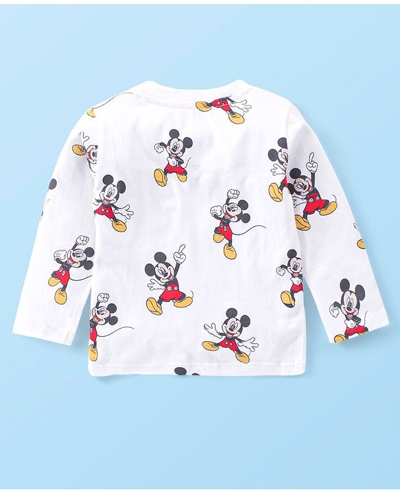 Babyhug 100% Cotton Knit Mickey Mouse Printed Dungaree with Full Sleeves Inner Tee - White & Blue