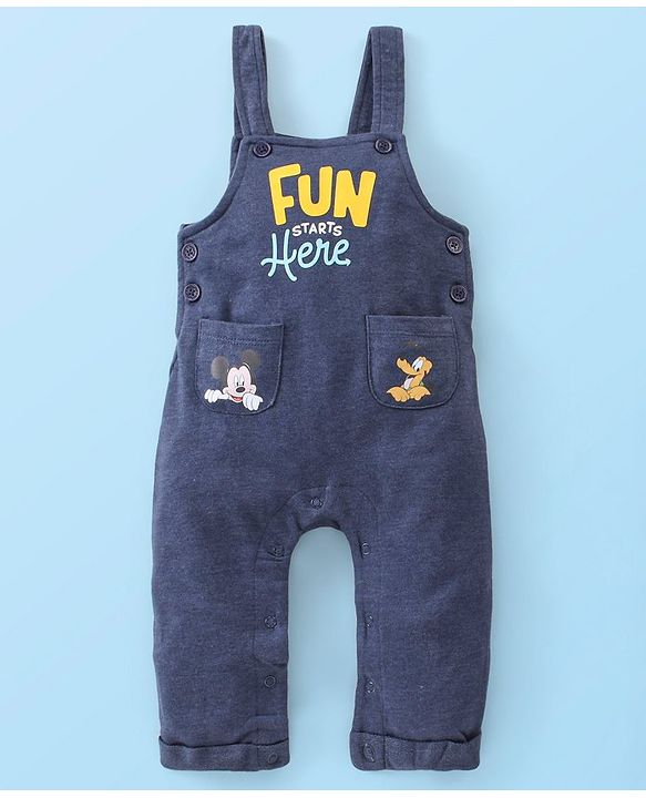 Babyhug 100% Cotton Knit Mickey Mouse Printed Dungaree with Full Sleeves Inner Tee - White & Blue