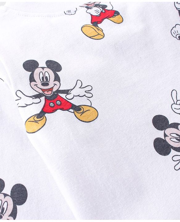 Babyhug 100% Cotton Knit Mickey Mouse Printed Dungaree with Full Sleeves Inner Tee - White & Blue