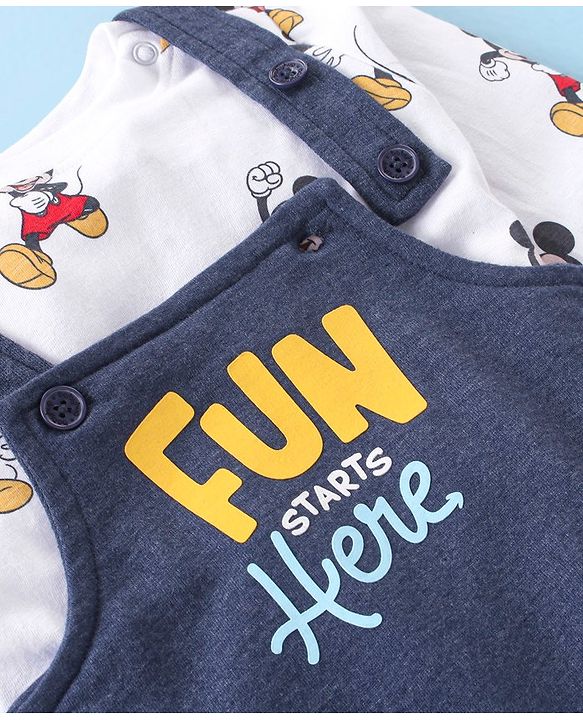 Babyhug 100% Cotton Knit Mickey Mouse Printed Dungaree with Full Sleeves Inner Tee - White & Blue