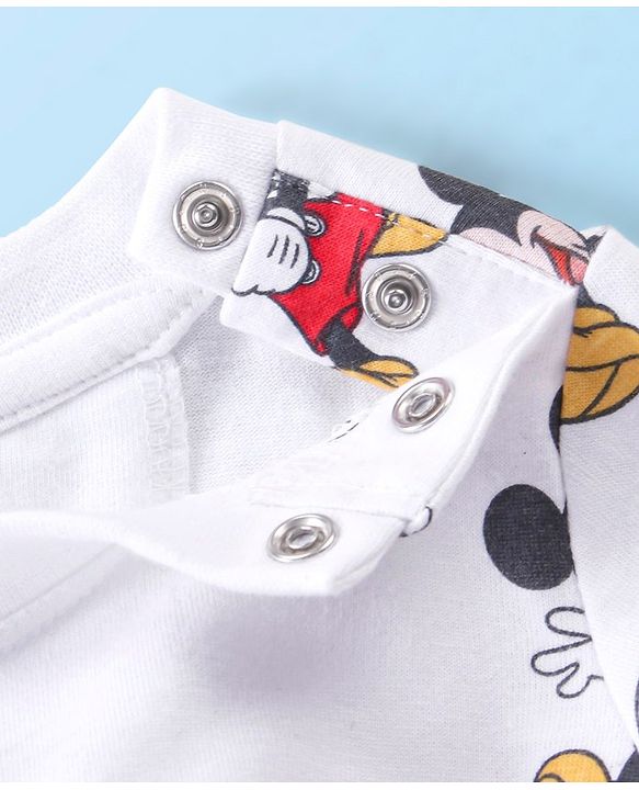 Babyhug 100% Cotton Knit Mickey Mouse Printed Dungaree with Full Sleeves Inner Tee - White & Blue
