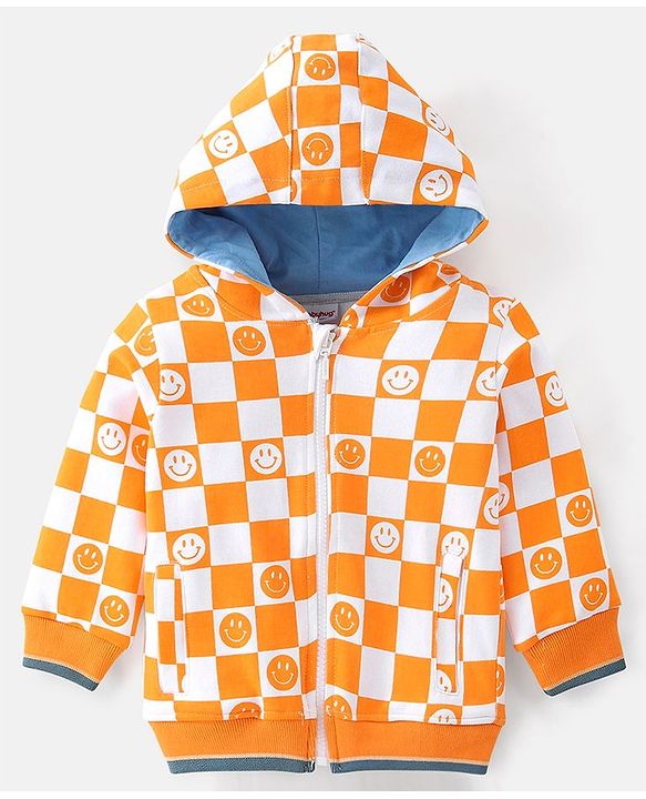 Babyhug Full Sleeves Zipper Sweatjacket with Hood & Checks - White & Yellow