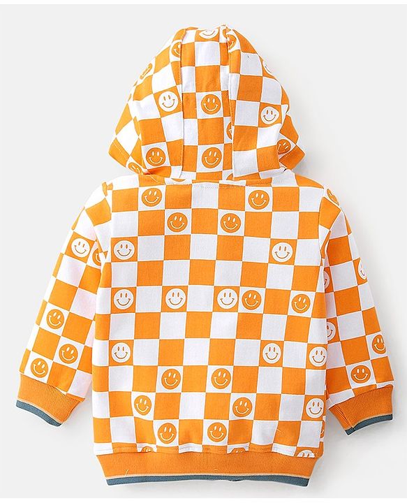 Babyhug Full Sleeves Zipper Sweatjacket with Hood & Checks - White & Yellow