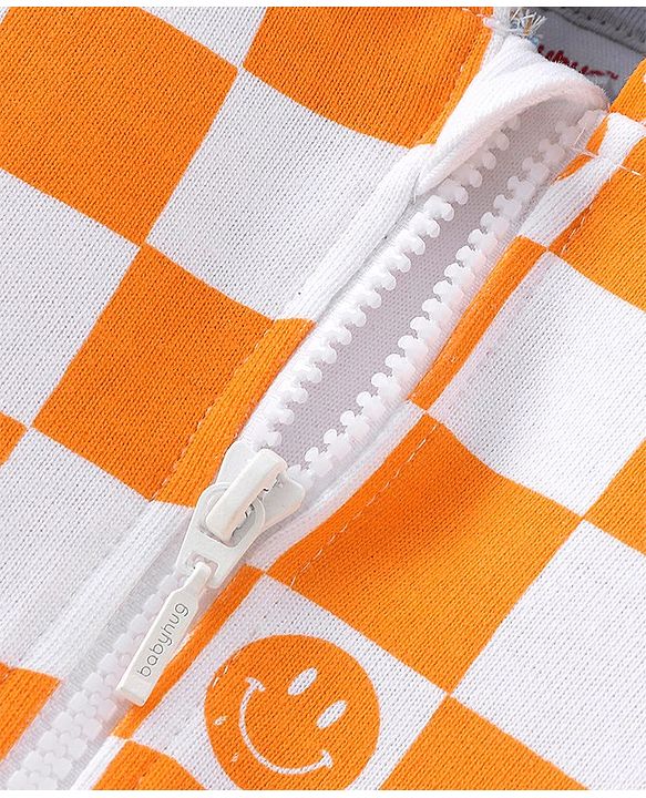 Babyhug Full Sleeves Zipper Sweatjacket with Hood & Checks - White & Yellow